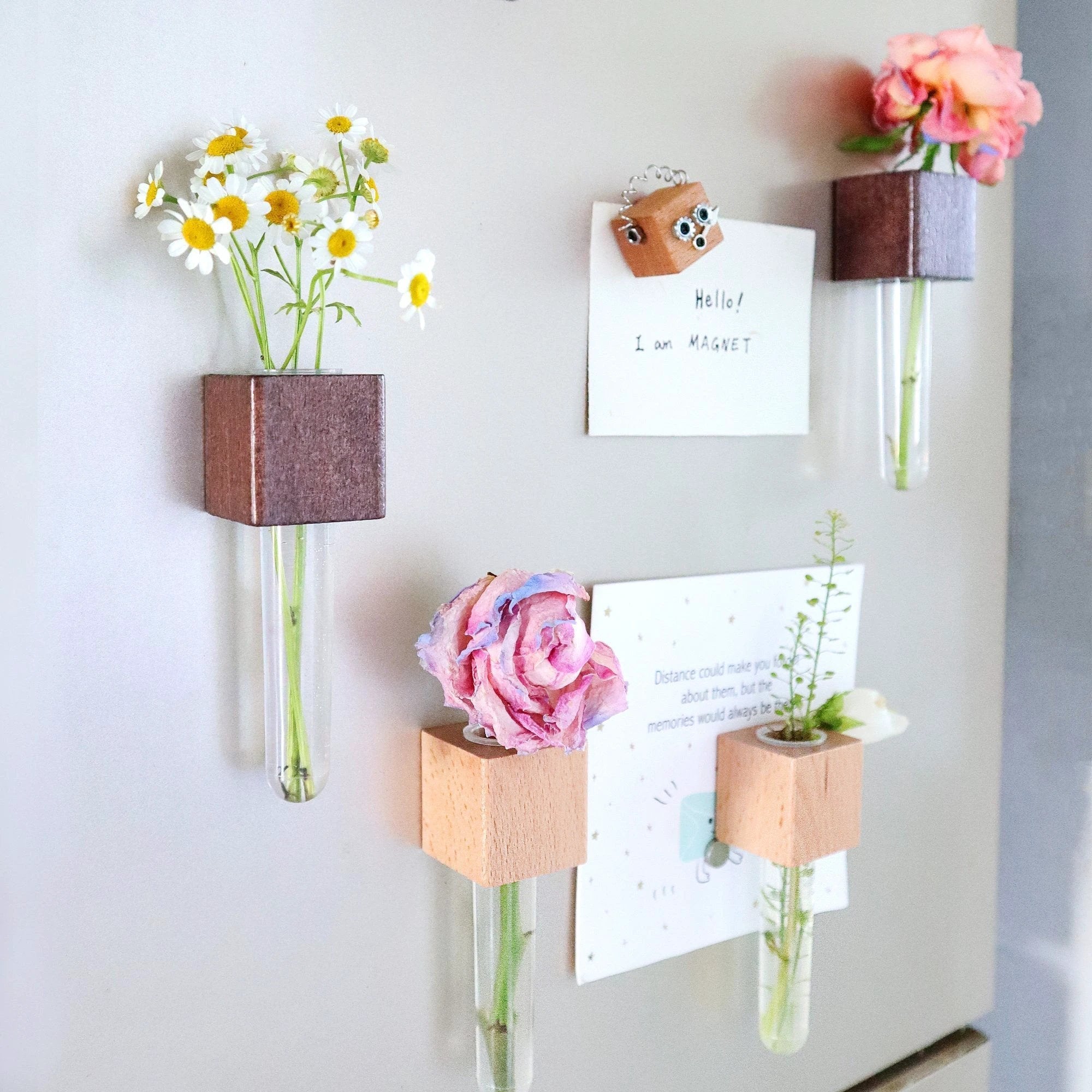 Mini Vase Magnets – Set of 2 – Beech & Walnut Wood – Decorative Fridge Magnets for Small Flowers or Greenery by Kitsville