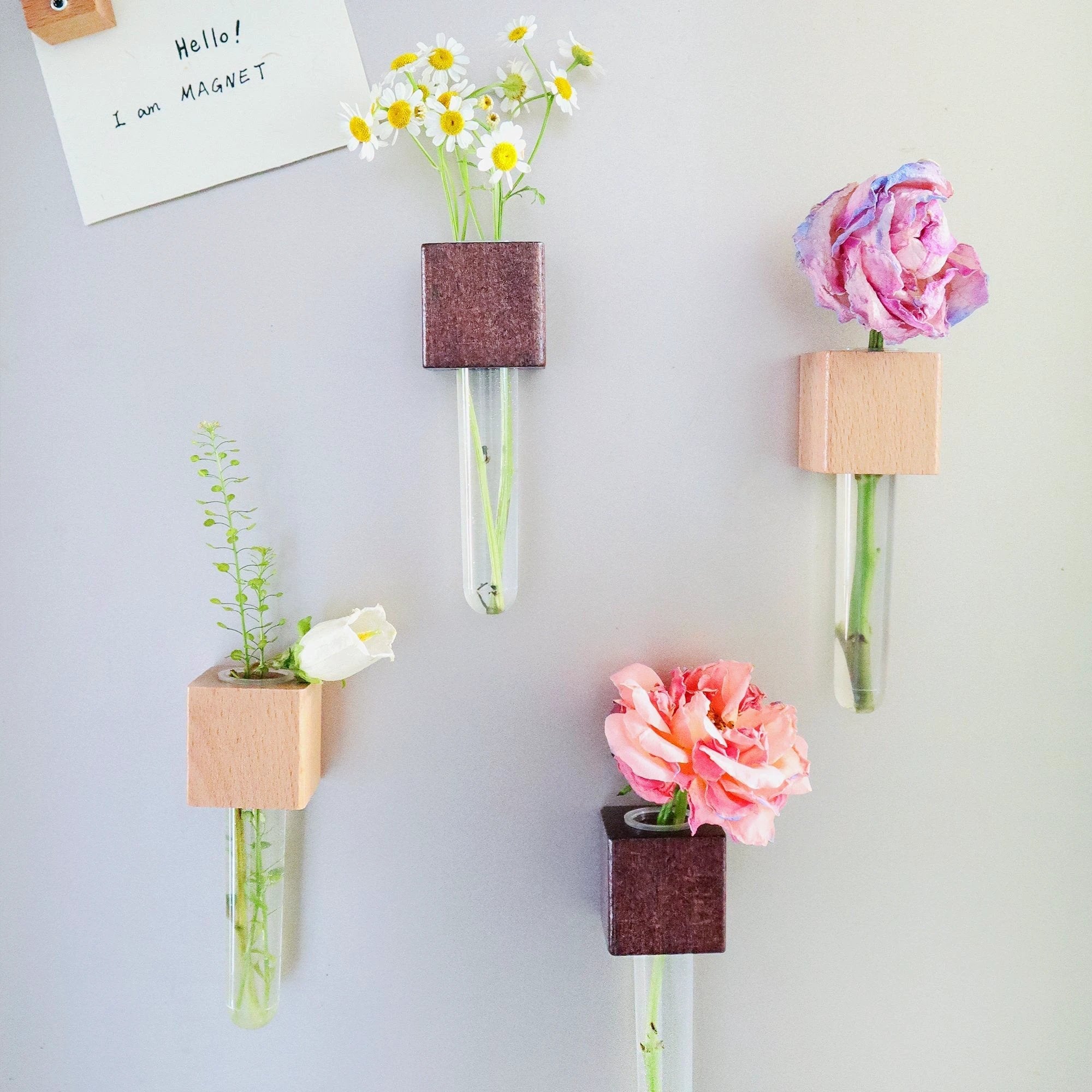 Mini Vase Magnets – Set of 2 – Beech & Walnut Wood – Decorative Fridge Magnets for Small Flowers or Greenery by Kitsville