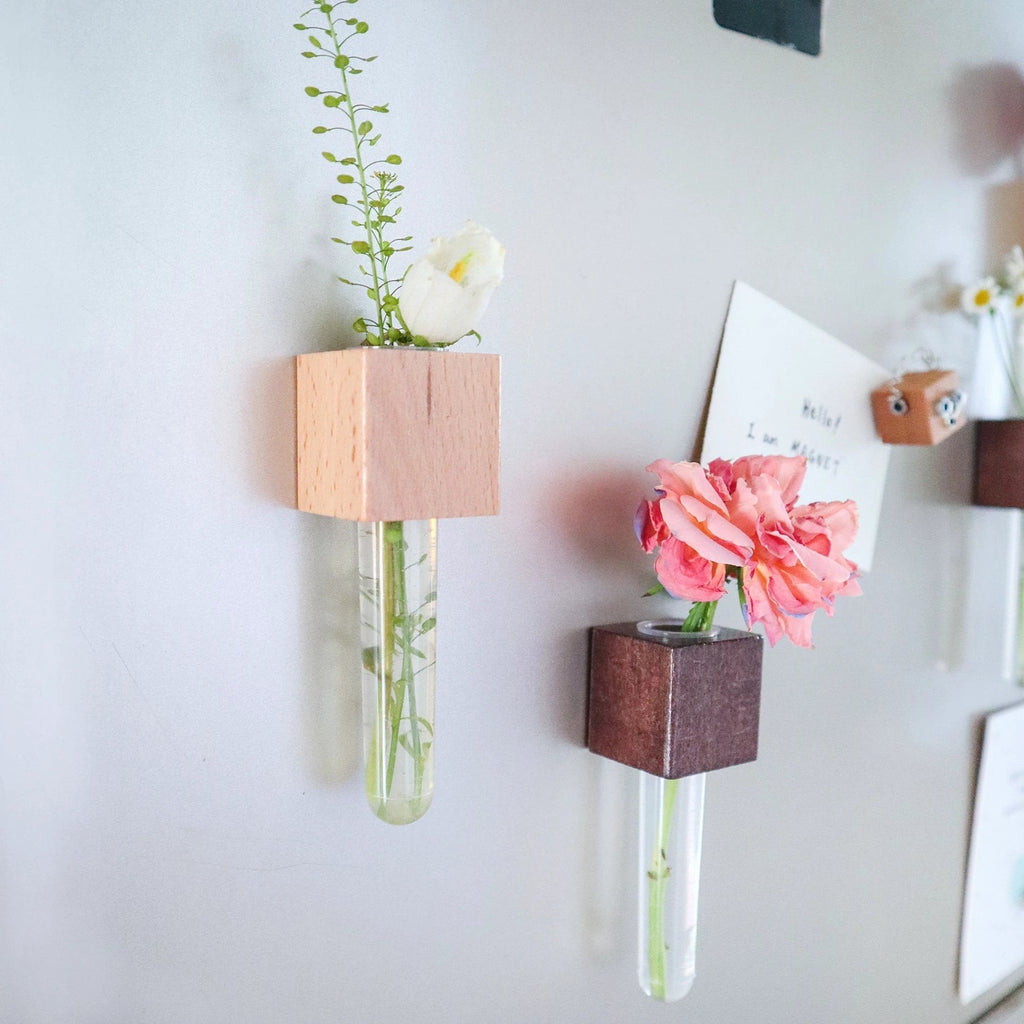 Mini Vase Magnets – Set of 2 – Beech & Walnut Wood – Decorative Fridge Magnets for Small Flowers or Greenery by Kitsville