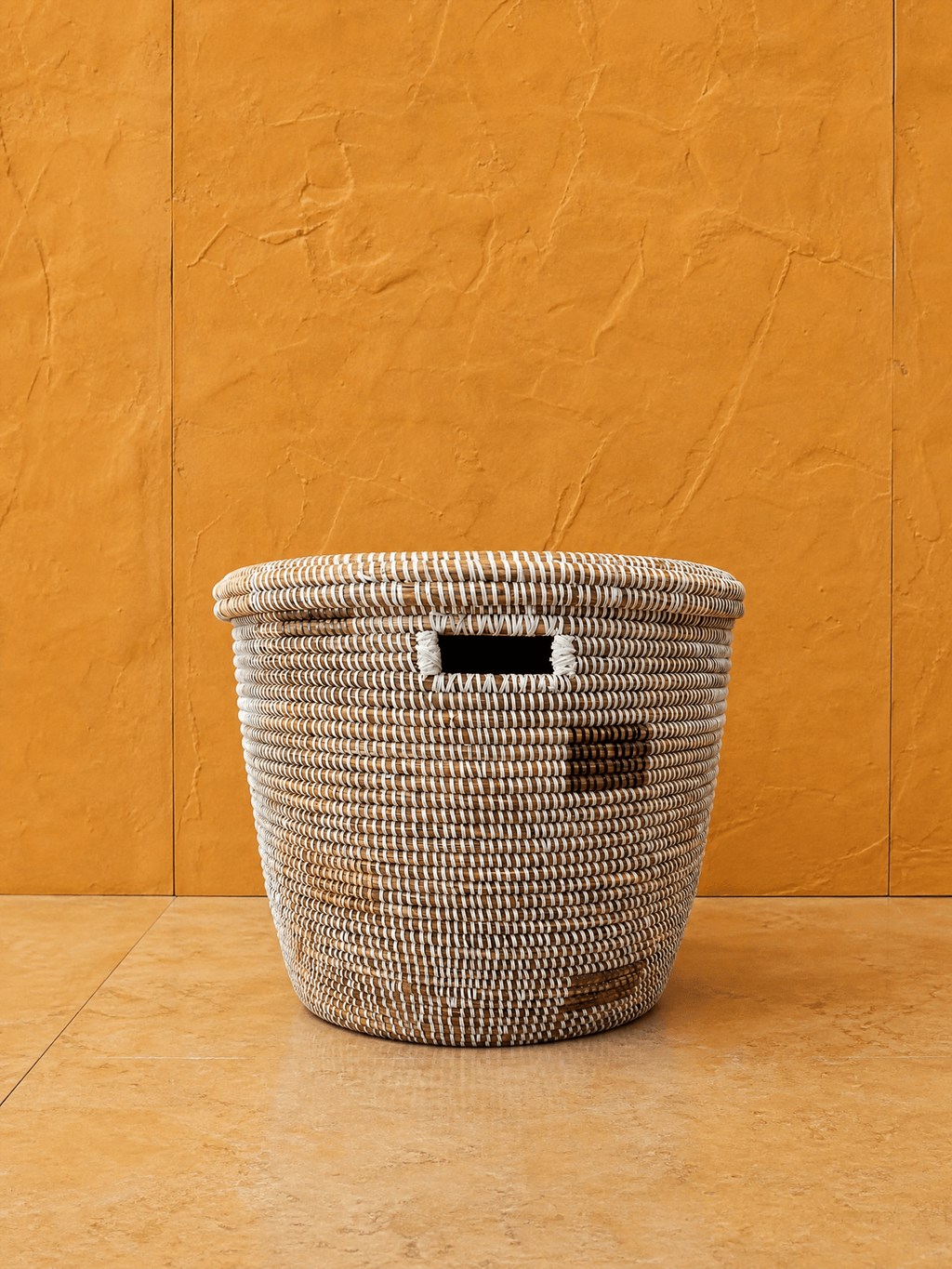 Minimalist White Round Basket with Gray Squares La Vie Bien Minimalist White Round Basket with Gray Squares