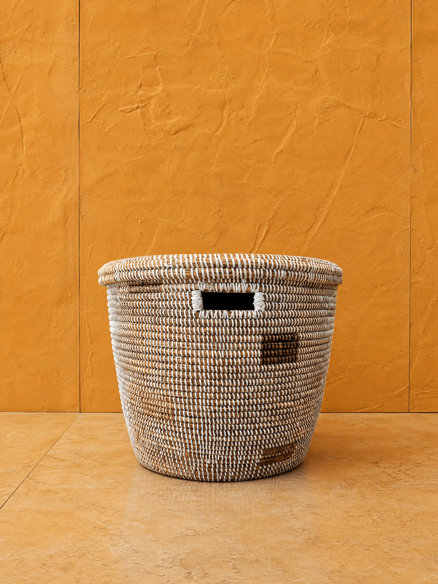 Minimalist White Round Basket with Gray Squares La Vie Bien Minimalist White Round Basket with Gray Squares
