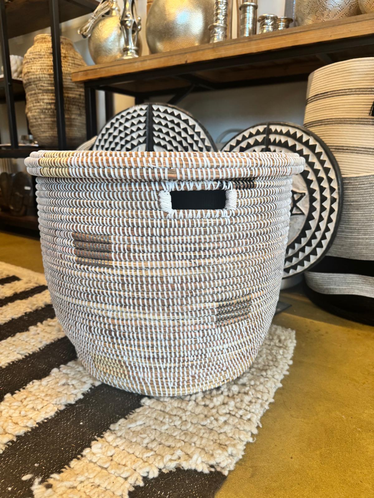 Minimalist White Round Basket with Gray Squares La Vie Bien Minimalist White Round Basket with Gray Squares