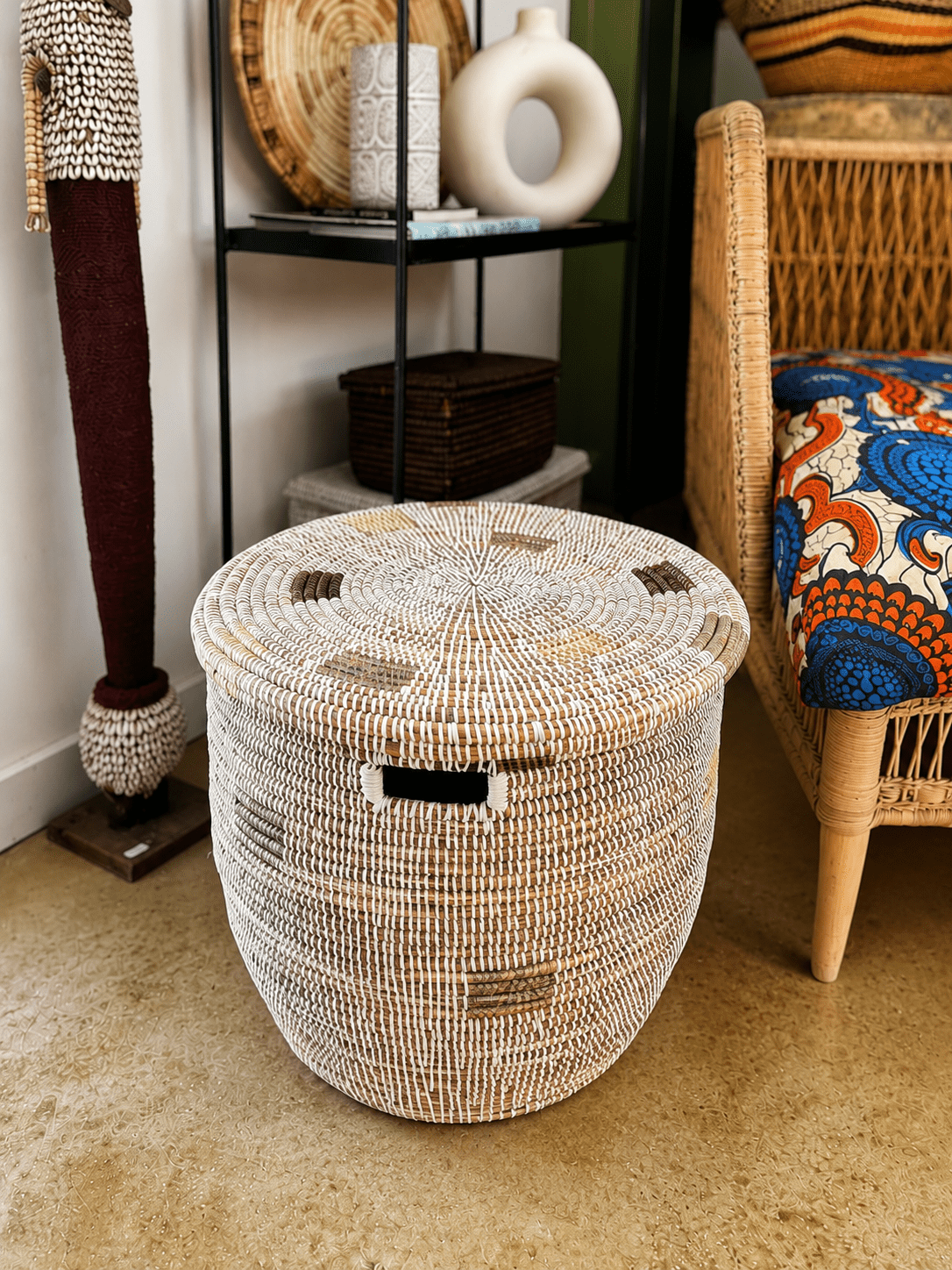 Minimalist White Round Basket with Gray Squares La Vie Bien Minimalist White Round Basket with Gray Squares