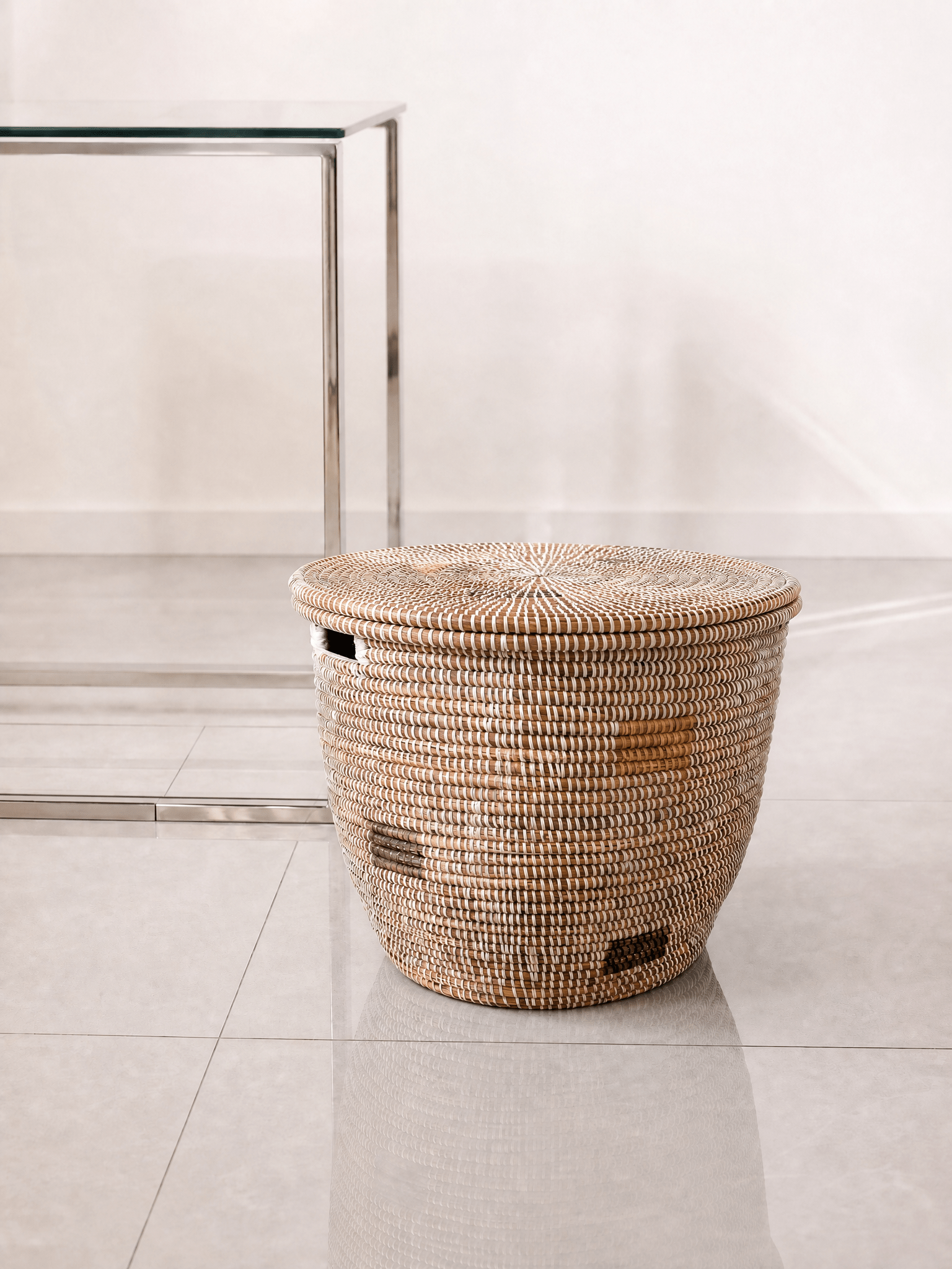 Minimalist White Round Basket with Gray Squares La Vie Bien Minimalist White Round Basket with Gray Squares