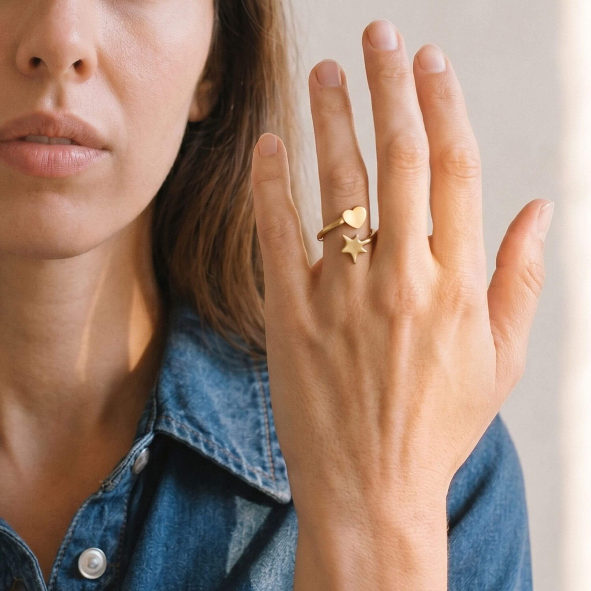 Mira Adjustable Star & Heart Wrap Ring in Brass Rings La Vie Bien Mira Adjustable Star & Heart Wrap Ring in Brass