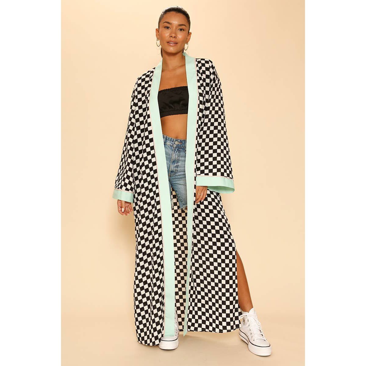 Miss Sparkling Checkered Kimono in Black and White Big Long Textured Satin Duster | Light Jacket, Outdoor Robe, Swimsuit Coverup | Sizes SM - XL