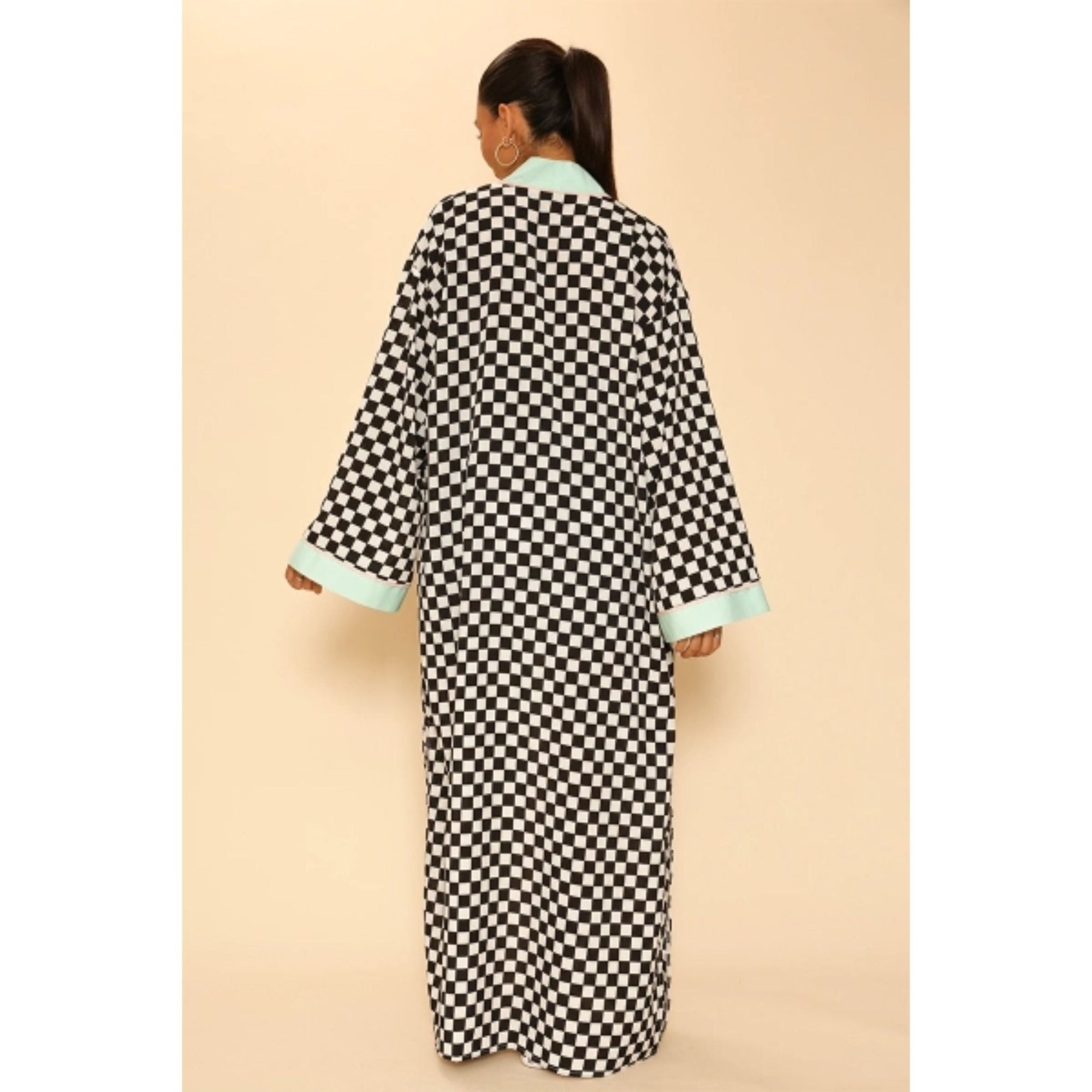 Miss Sparkling Checkered Kimono in Black and White Big Long Textured Satin Duster | Light Jacket, Outdoor Robe, Swimsuit Coverup | Sizes SM - XL