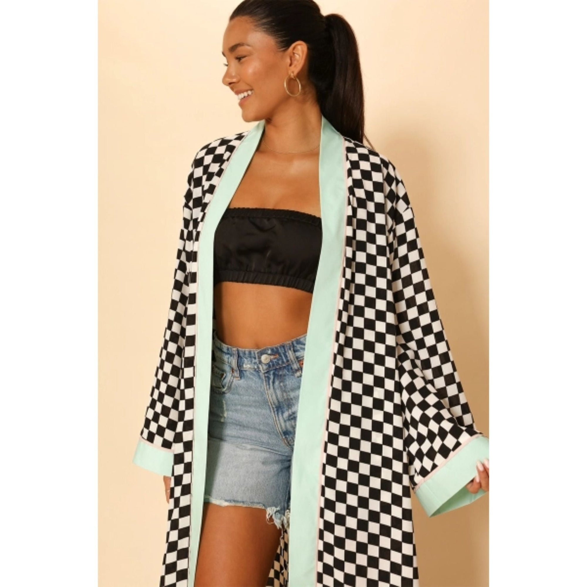 Miss Sparkling Checkered Kimono in Black and White Big Long Textured Satin Duster | Light Jacket, Outdoor Robe, Swimsuit Coverup | Sizes SM - XL