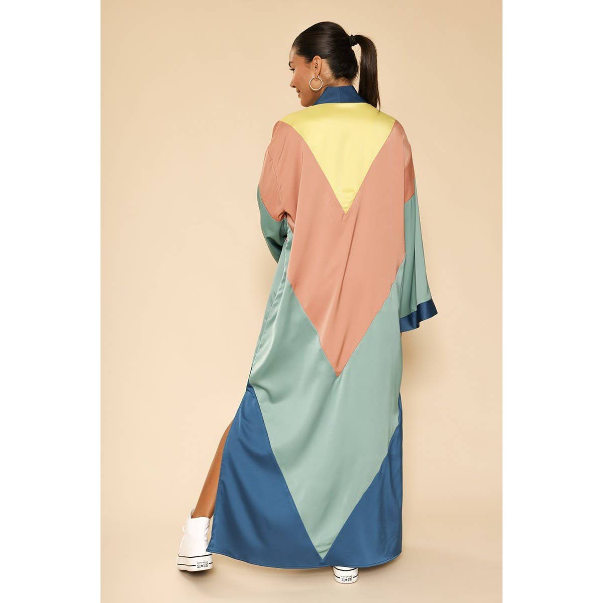 Miss Sparkling Chevron Kimono Big Long Textured Satin Duster | Light Jacket, Outdoor Robe, Swimsuit Coverup | Sizes SM - XL