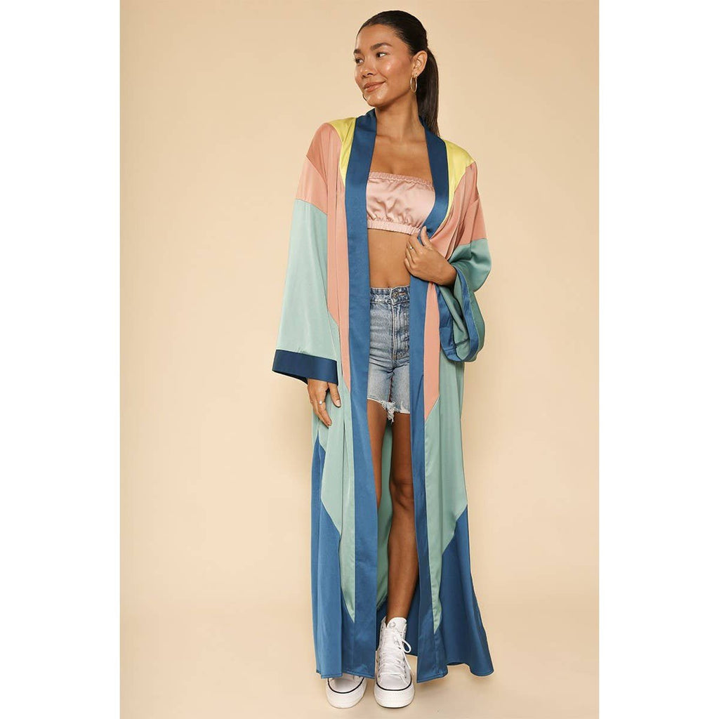 Miss Sparkling Chevron Kimono Big Long Textured Satin Duster | Light Jacket, Outdoor Robe, Swimsuit Coverup | Sizes SM - XL