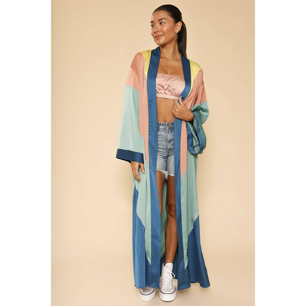 Miss Sparkling Chevron Kimono Big Long Textured Satin Duster | Light Jacket, Outdoor Robe, Swimsuit Coverup | Sizes SM - XL