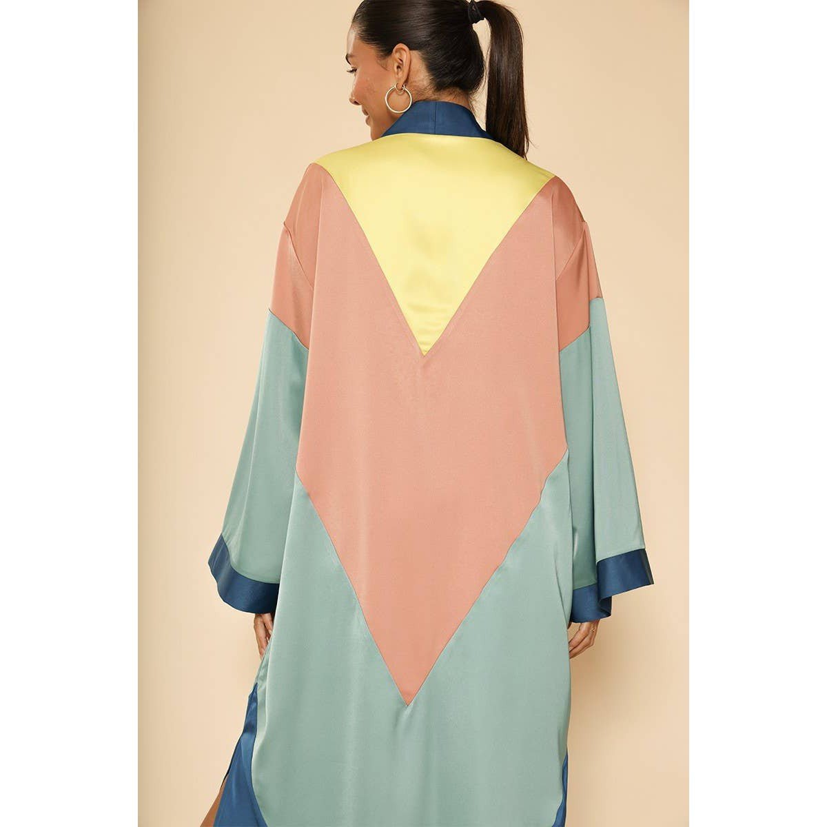Miss Sparkling Chevron Kimono Big Long Textured Satin Duster | Light Jacket, Outdoor Robe, Swimsuit Coverup | Sizes SM - XL