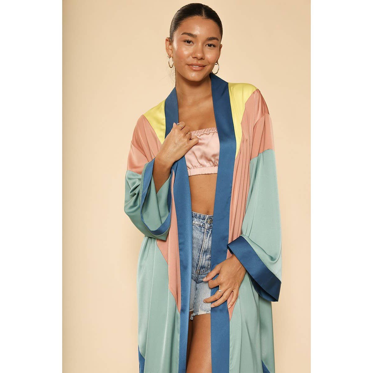 Miss Sparkling Chevron Kimono Big Long Textured Satin Duster | Light Jacket, Outdoor Robe, Swimsuit Coverup | Sizes SM - XL