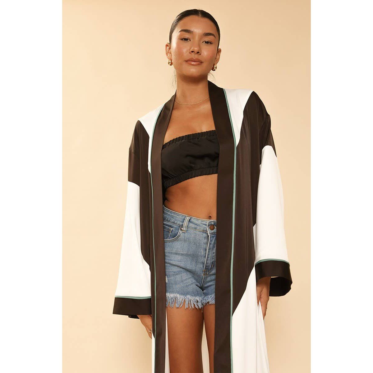 Miss Sparkling Chevron Kimono in Black and White Big Long Textured Satin Duster | Light Jacket, Outdoor Robe, Swimsuit Coverup | Sizes SM - XL