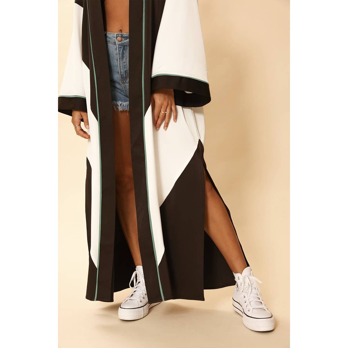 Miss Sparkling Chevron Kimono in Black and White Big Long Textured Satin Duster | Light Jacket, Outdoor Robe, Swimsuit Coverup | Sizes SM - XL