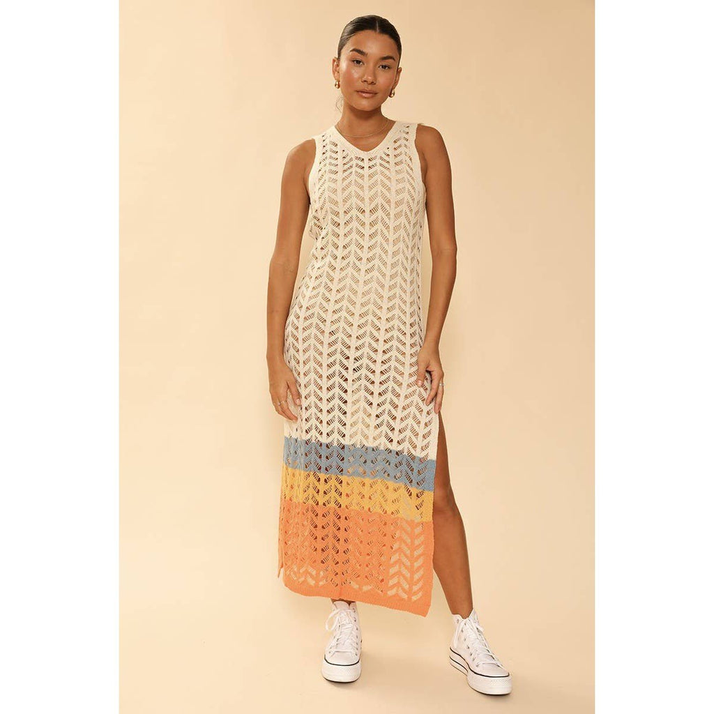 Miss Sparkling Cream Open Knit Color Block Cover Up | Long Swimsuit Summer Attire [Sizes M - XL]