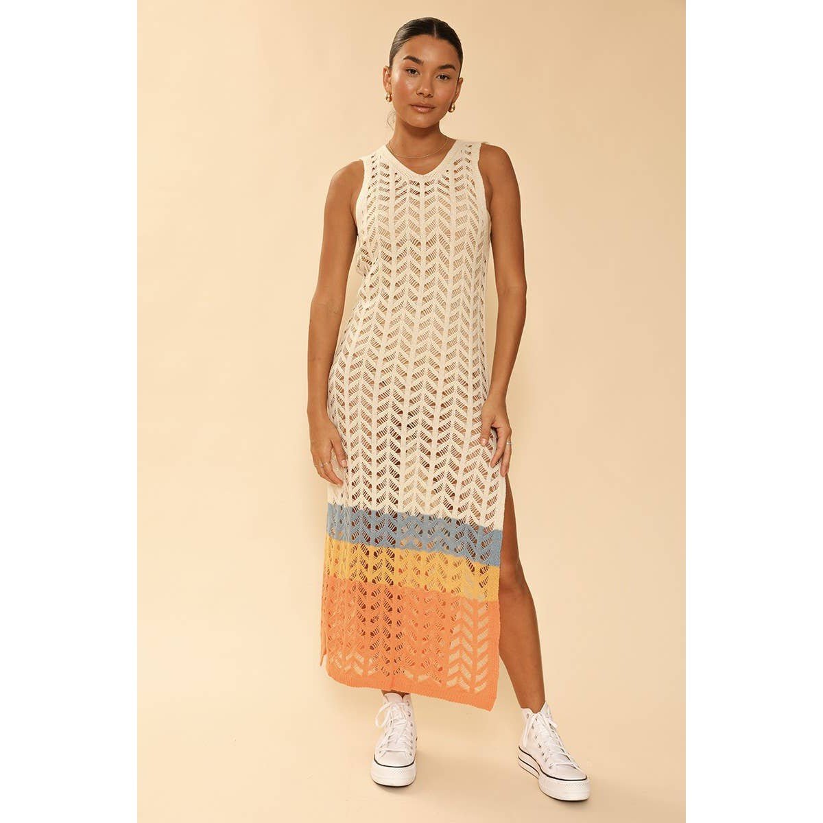 Miss Sparkling Cream Open Knit Color Block Cover Up | Long Swimsuit Summer Attire [Sizes M - XL]
