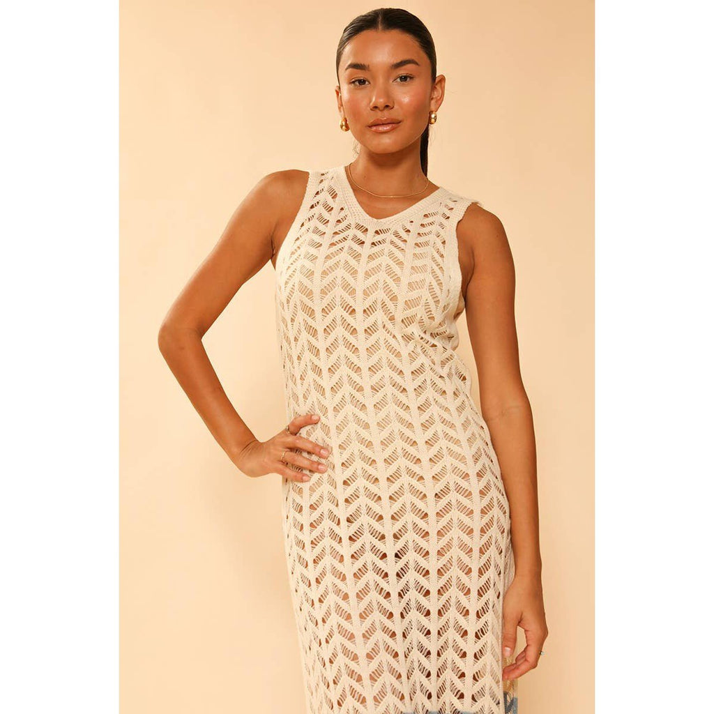 Miss Sparkling Cream Open Knit Color Block Cover Up | Long Swimsuit Summer Attire [Sizes M - XL]