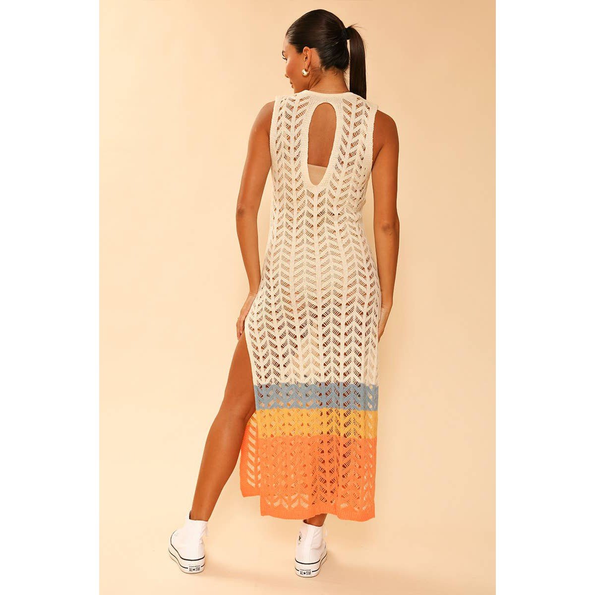 Miss Sparkling Cream Open Knit Color Block Cover Up | Long Swimsuit Summer Attire [Sizes M - XL]