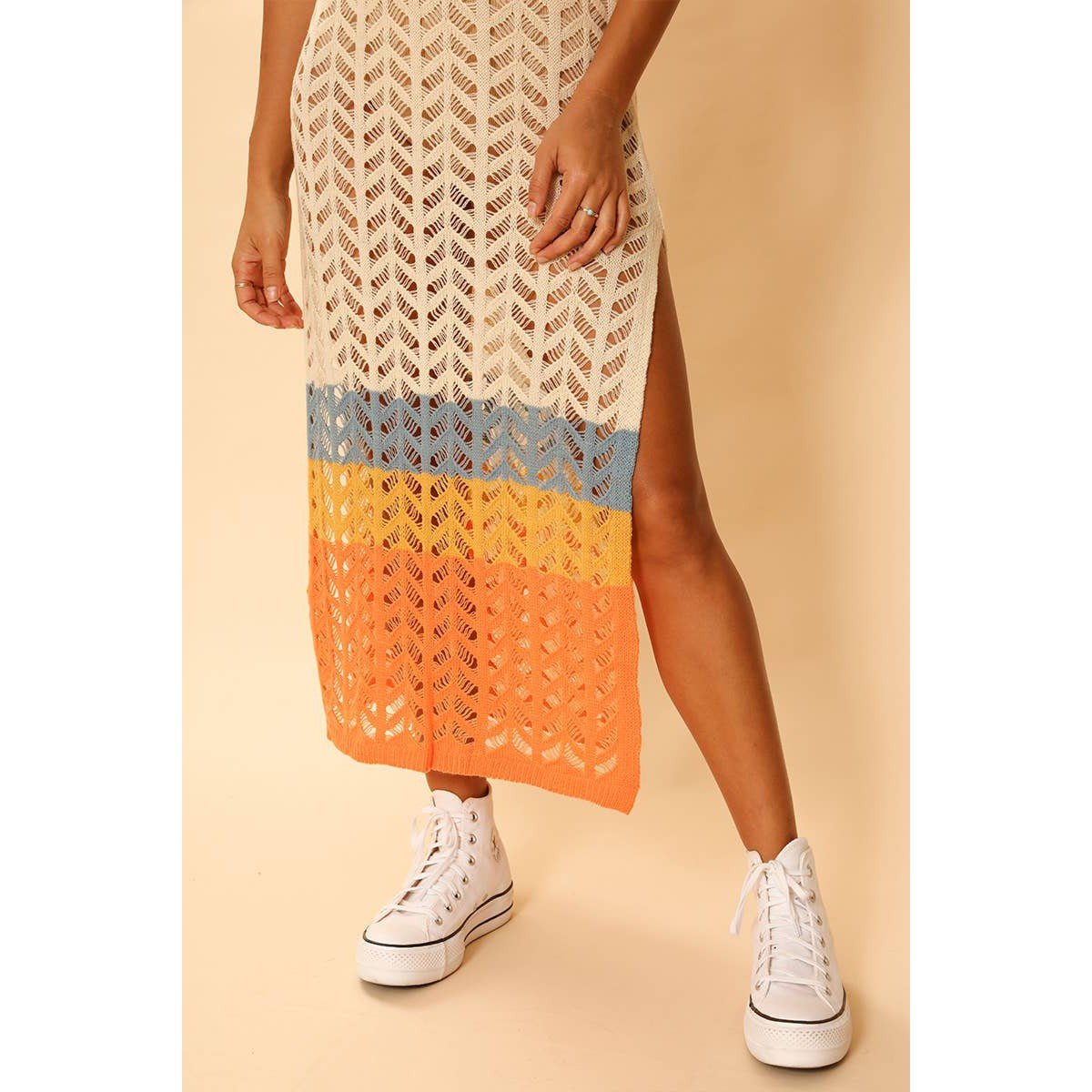 Miss Sparkling Cream Open Knit Color Block Cover Up | Long Swimsuit Summer Attire [Sizes M - XL]