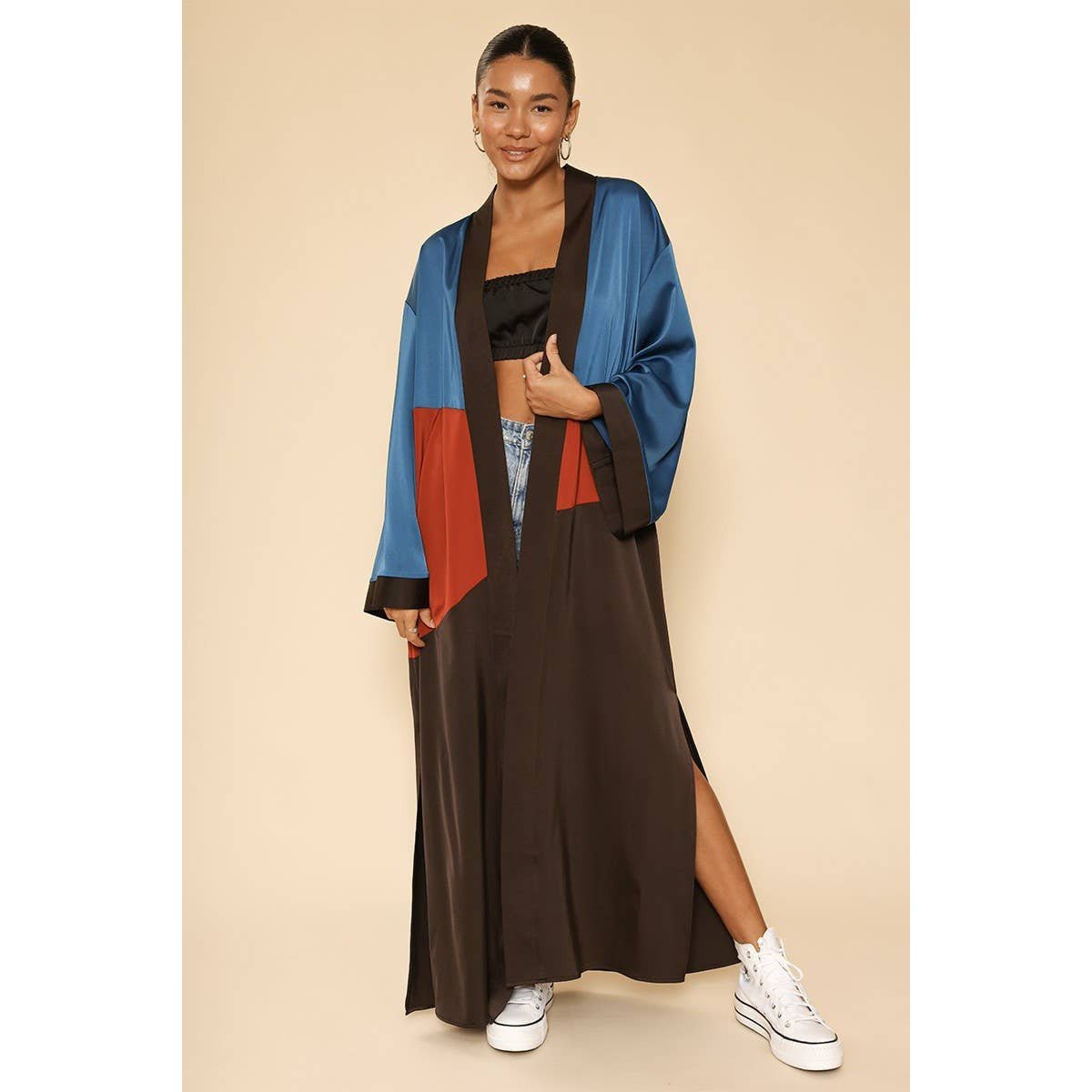 Miss Sparkling Desert Night Kimono Big Long Textured Satin Duster | Light Jacket, Outdoor Robe, Swimsuit Coverup | Sizes S - 1X
