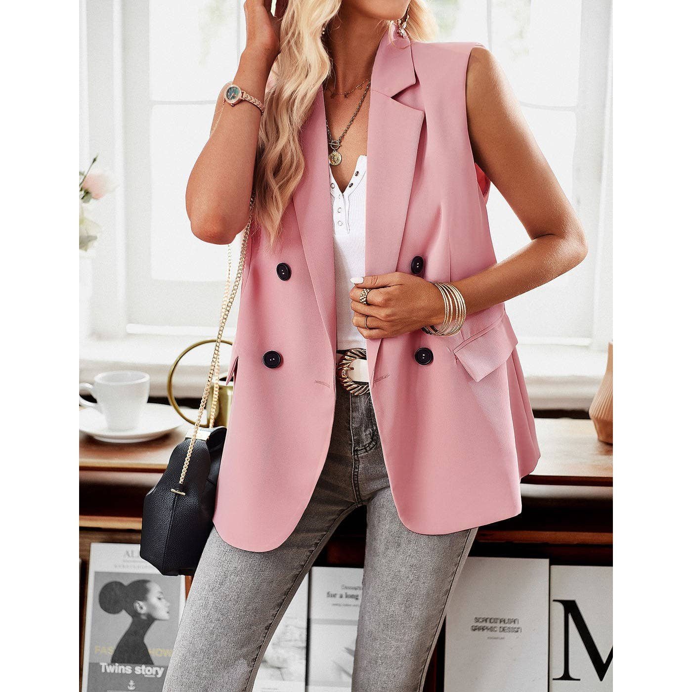 Miss Sparkling Double Breasted Blazer Vest in Pink [Sizes SM - XL]