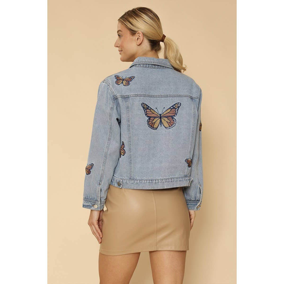 Miss Sparkling Light Blue Monarch Butterfly Embroidered Denim Jacket | Sizes SM - XL