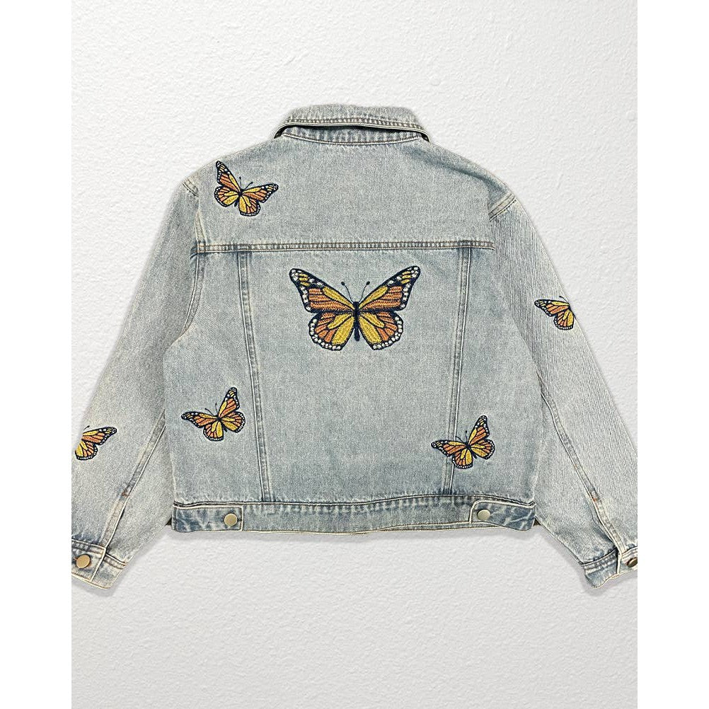 Miss Sparkling Light Blue Monarch Butterfly Embroidered Denim Jacket | Sizes SM - XL