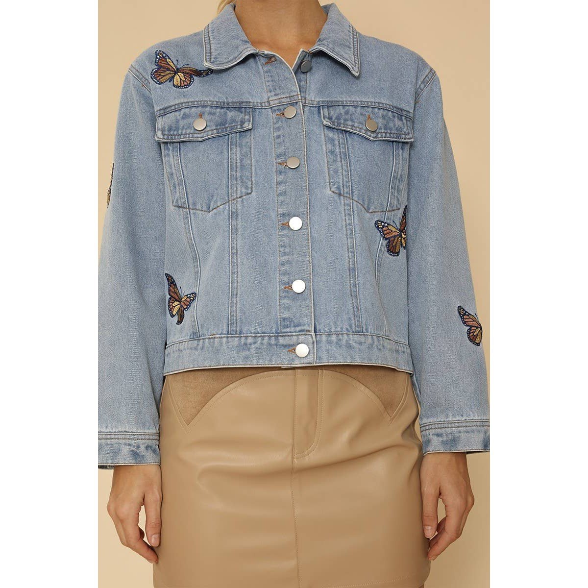 Miss Sparkling Light Blue Monarch Butterfly Embroidered Denim Jacket | Sizes SM - XL