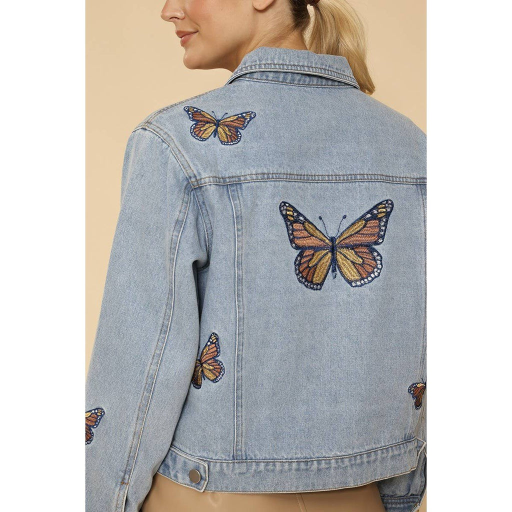 Miss Sparkling Light Blue Monarch Butterfly Embroidered Denim Jacket | Sizes SM - XL