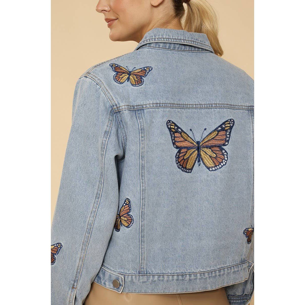 Miss Sparkling Light Blue Monarch Butterfly Embroidered Denim Jacket | Sizes SM - XL