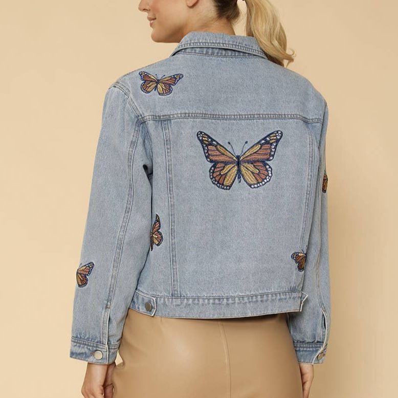 Miss Sparkling Light Blue Monarch Butterfly Embroidered Denim Jacket | Sizes SM - XL