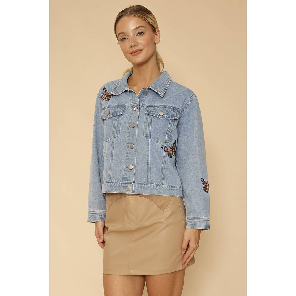Miss Sparkling Light Blue Monarch Butterfly Embroidered Denim Jacket | Sizes SM - XL