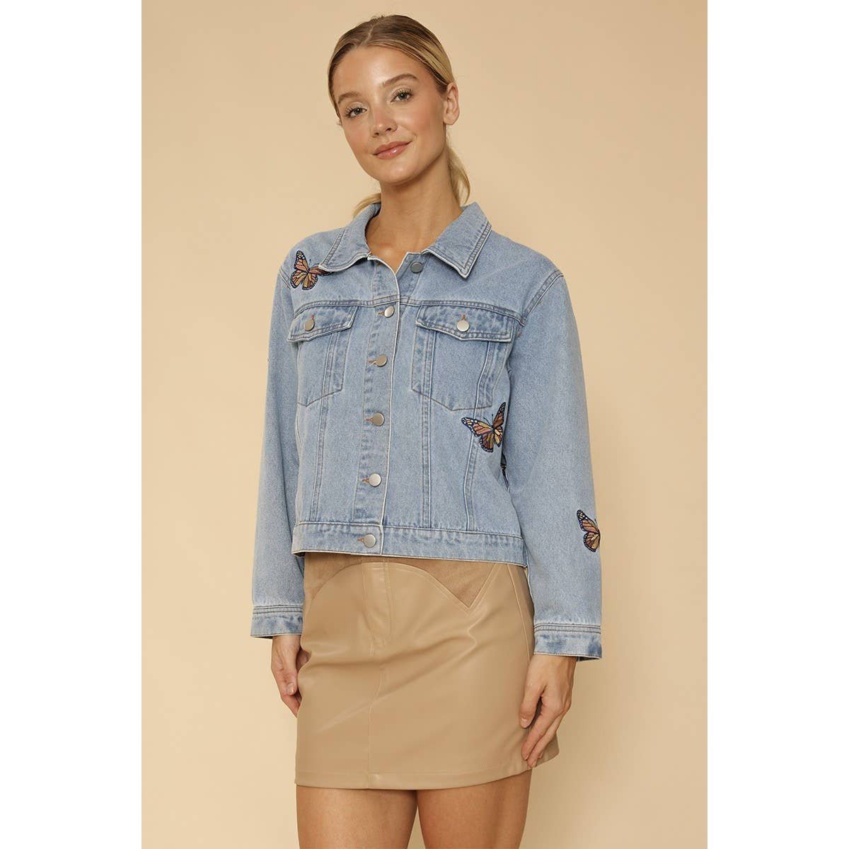 Miss Sparkling Light Blue Monarch Butterfly Embroidered Denim Jacket | Sizes SM - XL
