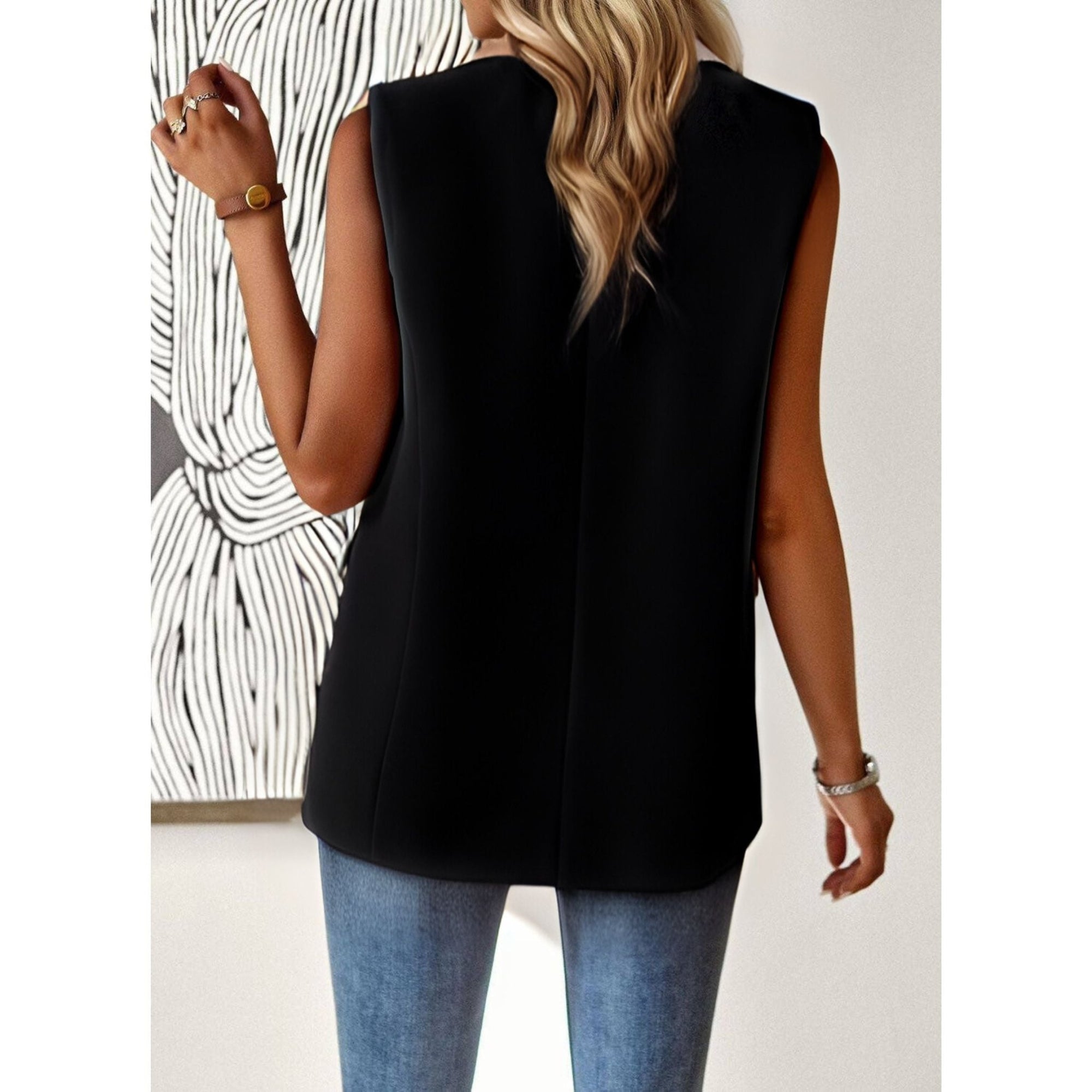 Miss Sparkling Sleeveless Blazer in Black | One - Button V - Neckline [Sizes SM - XL]