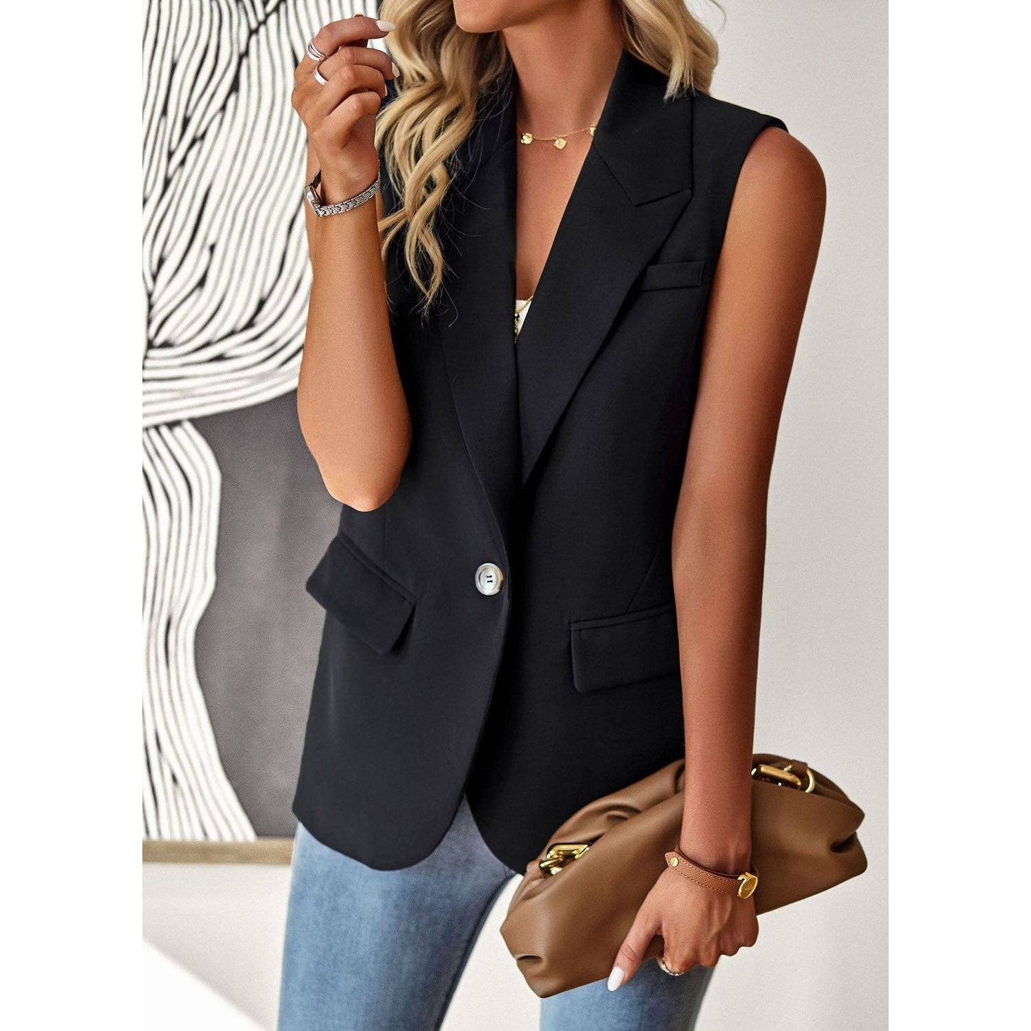 Miss Sparkling Sleeveless Blazer in Black | One - Button V - Neckline [Sizes SM - XL]