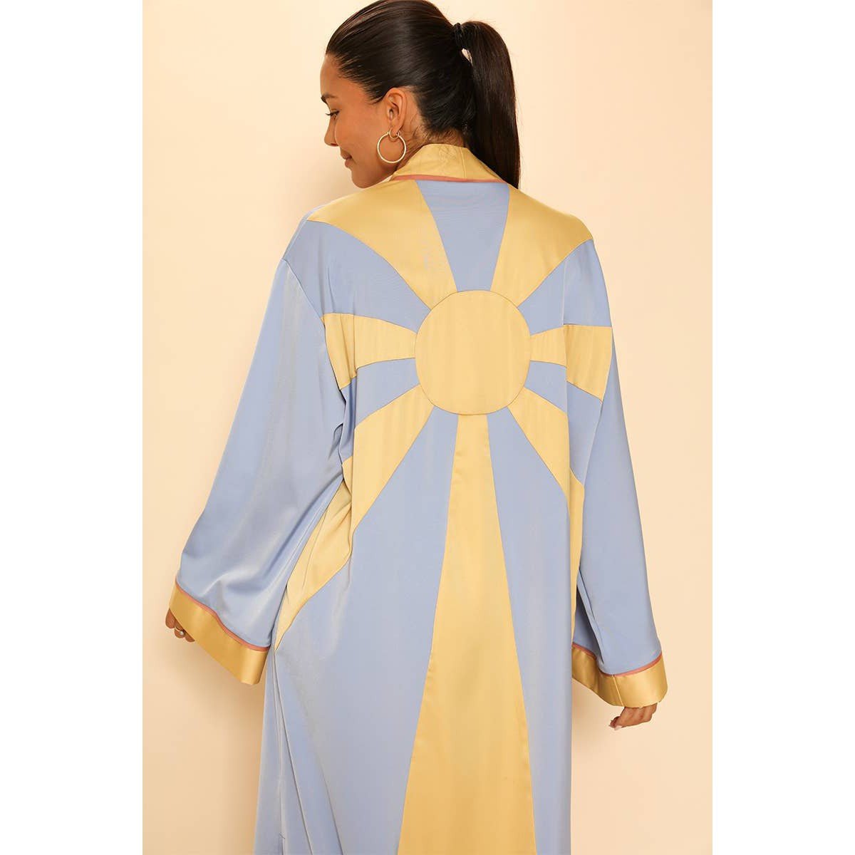 Miss Sparkling Sunburst Kimono Big Long Textured Satin Duster | Light Jacket, Outdoor Robe, Swimsuit Coverup | Sizes M - XL