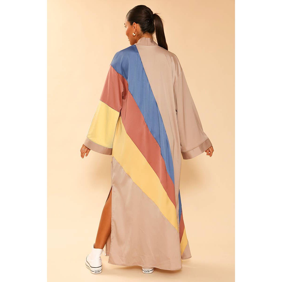 Miss Sparkling Tan Retro Stripe Kimono Big Long Textured Satin Duster | Light Jacket, Outdoor Robe, Swimsuit Coverup | Sizes SM - XL