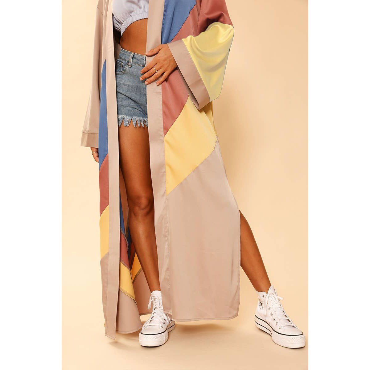 Miss Sparkling Tan Retro Stripe Kimono Big Long Textured Satin Duster | Light Jacket, Outdoor Robe, Swimsuit Coverup | Sizes SM - XL