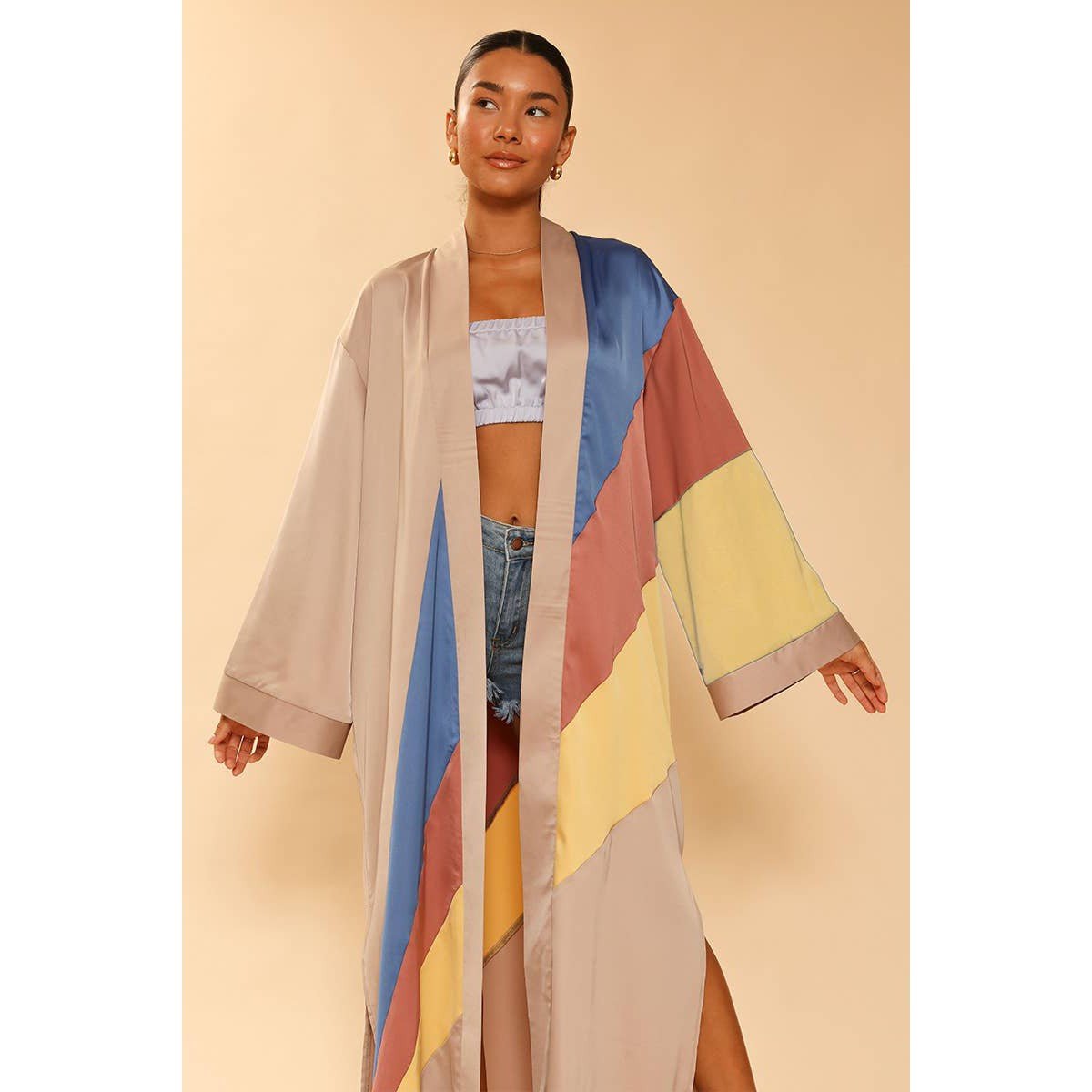 Miss Sparkling Tan Retro Stripe Kimono Big Long Textured Satin Duster | Light Jacket, Outdoor Robe, Swimsuit Coverup | Sizes SM - XL