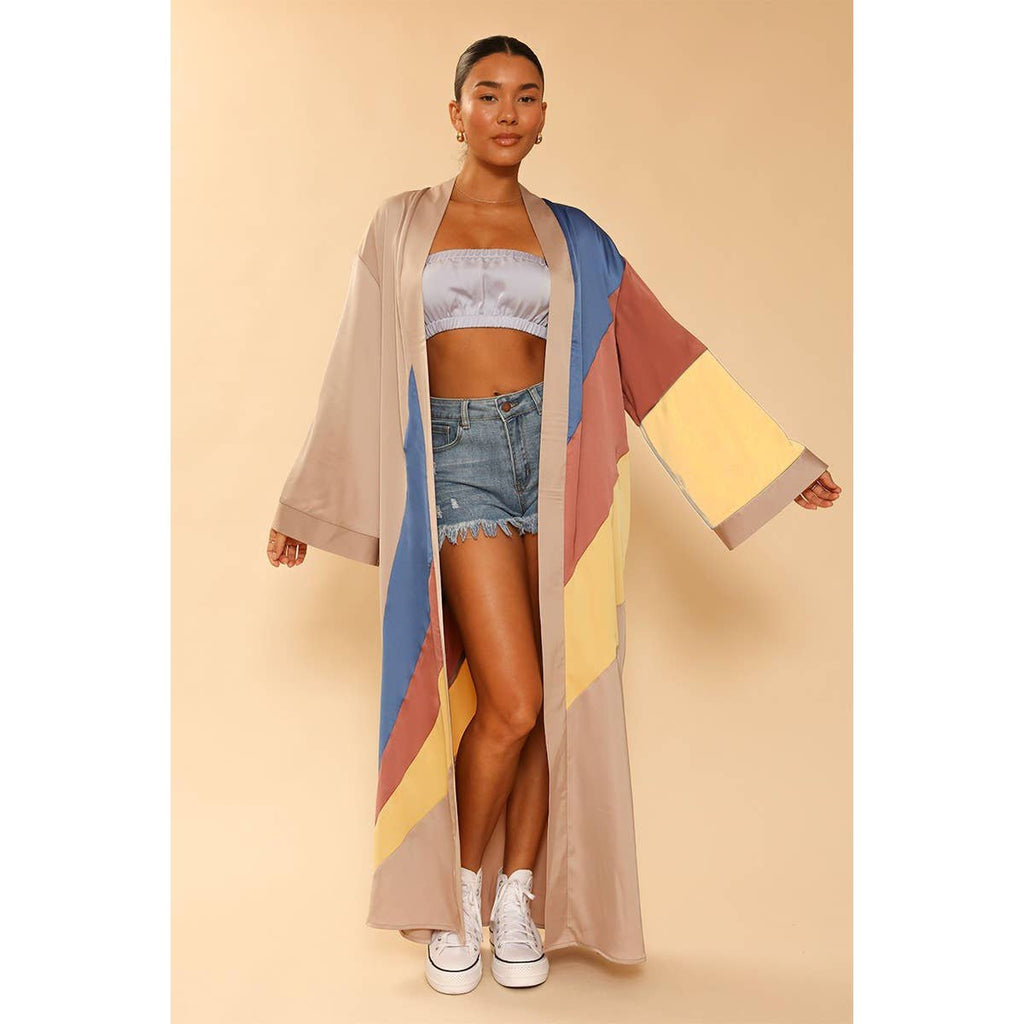 Miss Sparkling Tan Retro Stripe Kimono Big Long Textured Satin Duster | Light Jacket, Outdoor Robe, Swimsuit Coverup | Sizes SM - XL