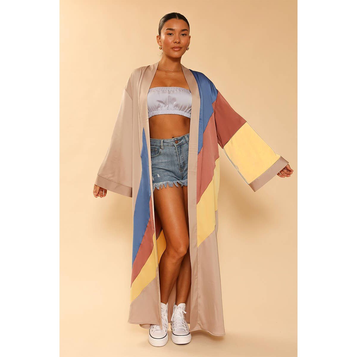 Miss Sparkling Tan Retro Stripe Kimono Big Long Textured Satin Duster | Light Jacket, Outdoor Robe, Swimsuit Coverup | Sizes SM - XL