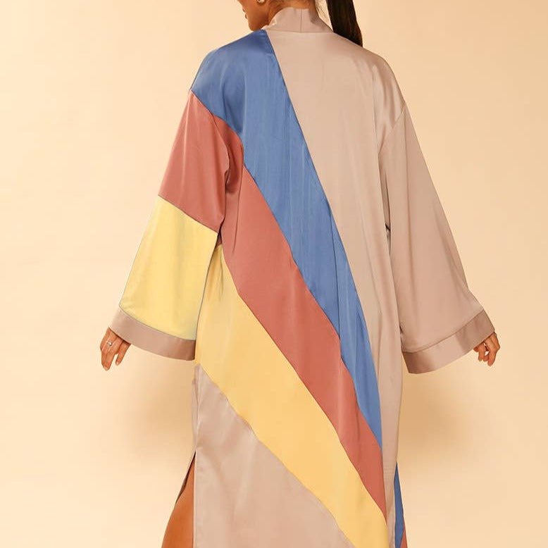 Miss Sparkling Tan Retro Stripe Kimono Big Long Textured Satin Duster | Light Jacket, Outdoor Robe, Swimsuit Coverup | Sizes SM - XL