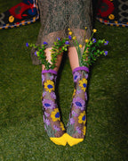 Mixed Sunflowers Black Sheer Crew Sock by Sock Candy