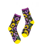 Mixed Sunflowers Black Sheer Crew Sock by Sock Candy