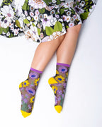 Mixed Sunflowers Black Sheer Crew Sock by Sock Candy