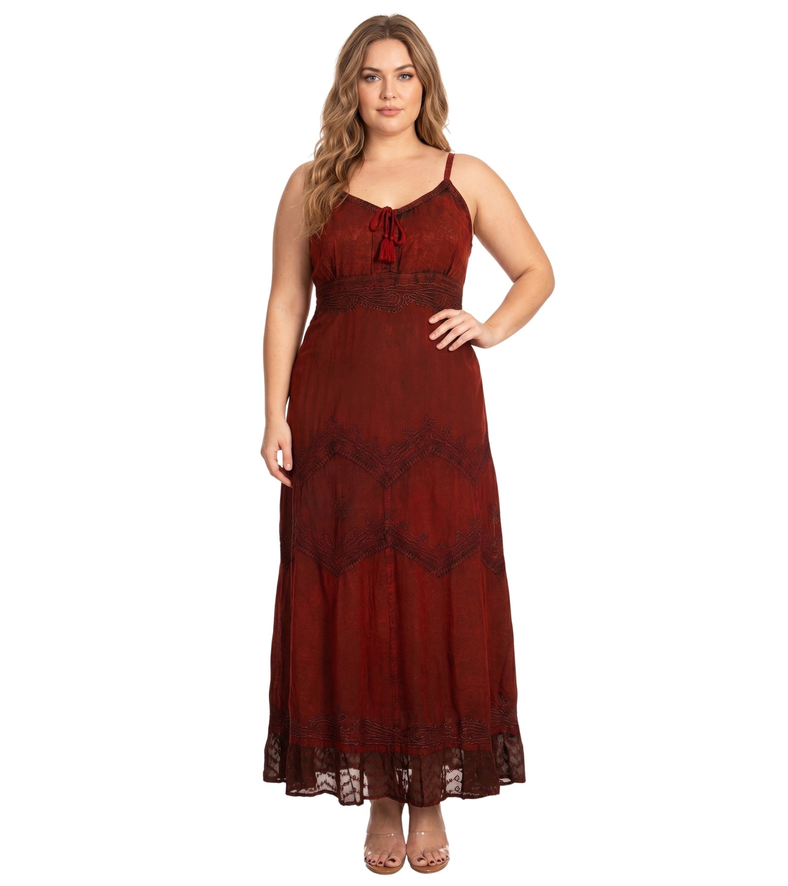 MKY Amy Stonewashed Rayon Embroidered Adjustable Spaghetti Straps Long Dress dresses La Vie Bien MKY Amy Stonewashed Rayon Embroidered Adjustable Spaghetti Straps Long Dress