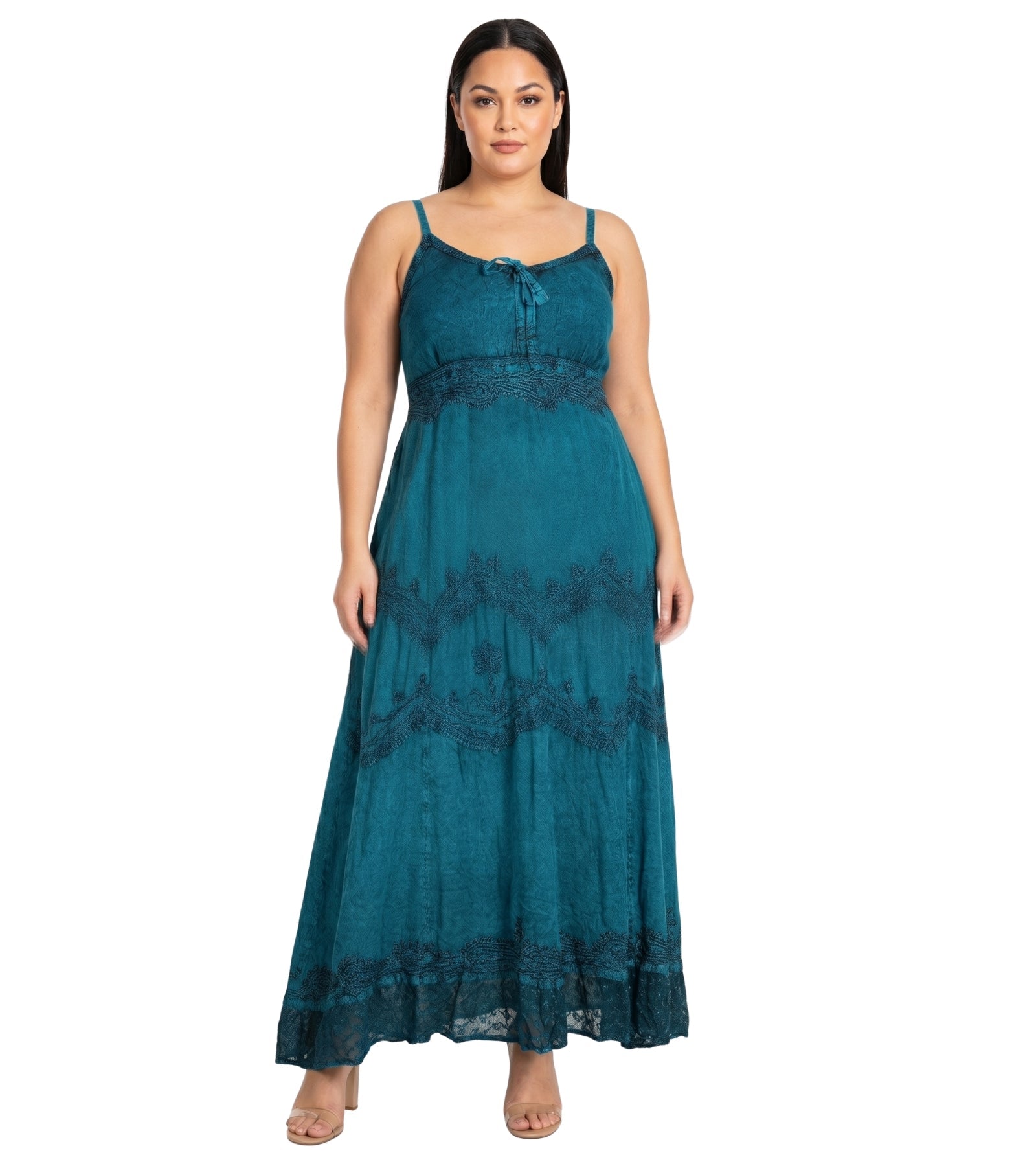 MKY Amy Stonewashed Rayon Embroidered Adjustable Spaghetti Straps Long Dress dresses La Vie Bien MKY Amy Stonewashed Rayon Embroidered Adjustable Spaghetti Straps Long Dress