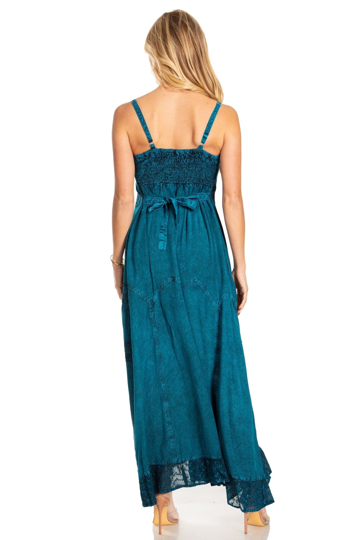 MKY Amy Stonewashed Rayon Embroidered Adjustable Spaghetti Straps Long Dress dresses La Vie Bien MKY Amy Stonewashed Rayon Embroidered Adjustable Spaghetti Straps Long Dress