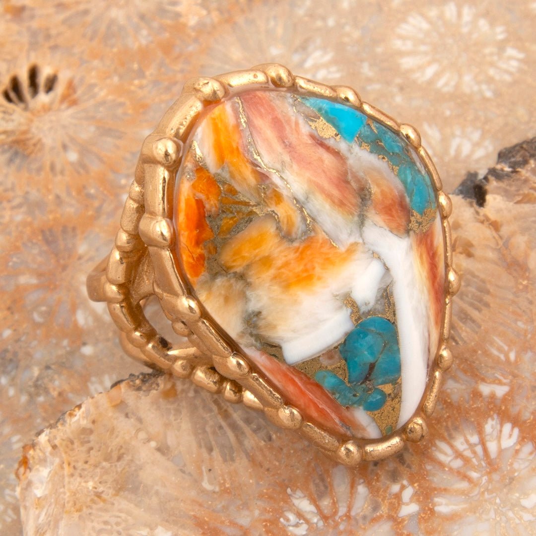 Modern Edge Turquoise and Spiny Oyster Shell Matrix Stone Golden Ring Rings La Vie Bien Modern Edge Turquoise and Spiny Oyster Shell Matrix Stone Golden Ring
